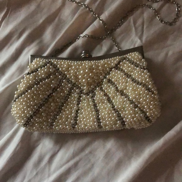 Handbags - Beautiful Evening Purse with Faux Pearls and CZs and Long Silver Colored Chain